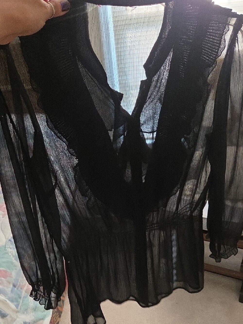 Sheer Black Ruffle-Front Women's Blouse - Picture 3 of 3